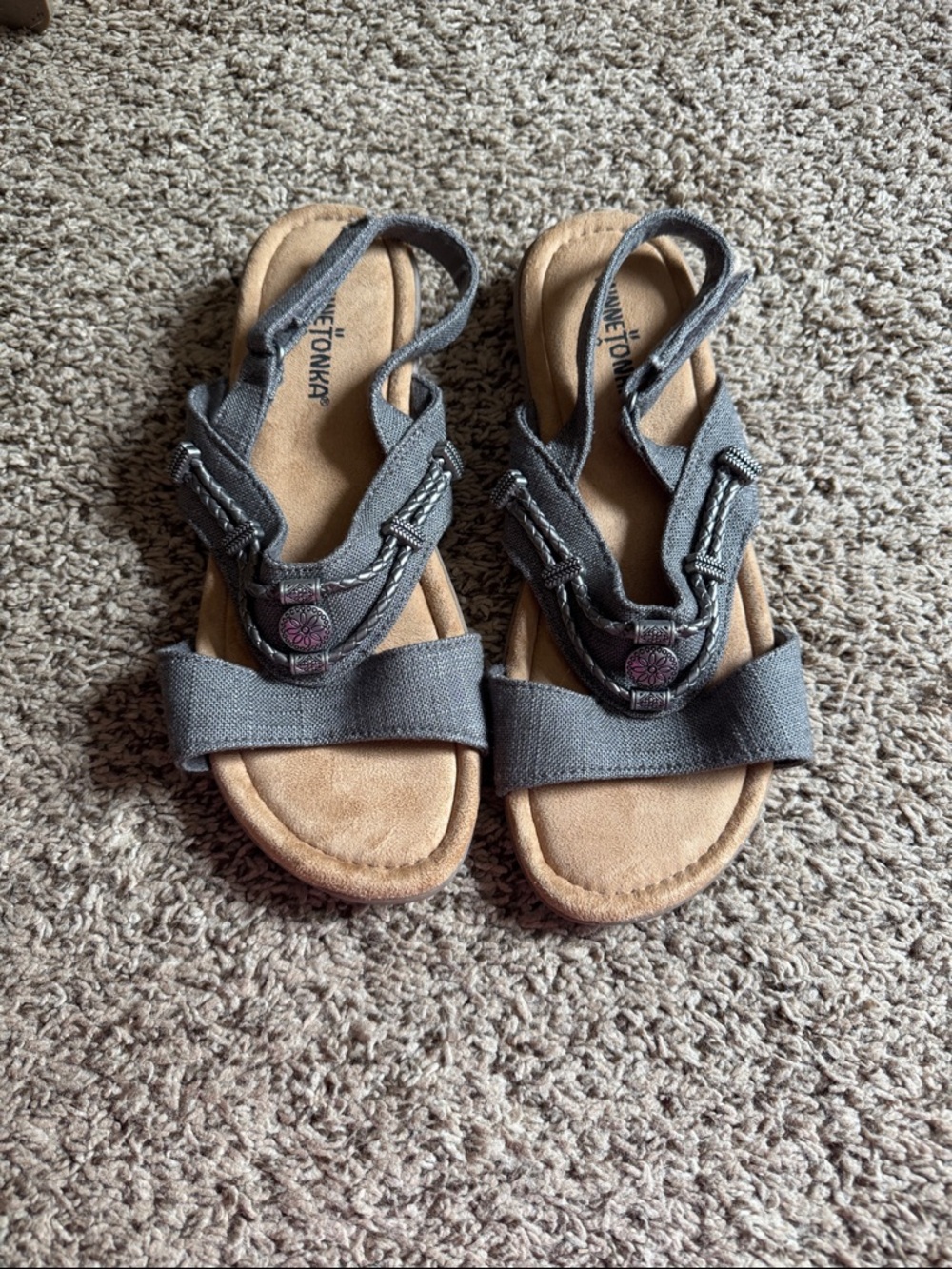 Minnetonka Gray Canvas Slingback Sandals for Kids